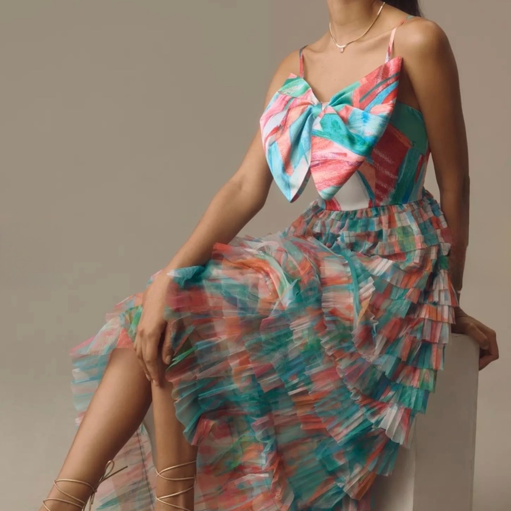 Hutch Bow-Front Dress NWT • Size 8P • Colorful Pleated Maxi • Anthropologie